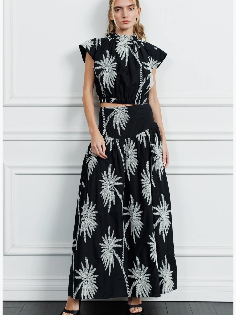Black Maxi Skirt with White Floral Palm Print